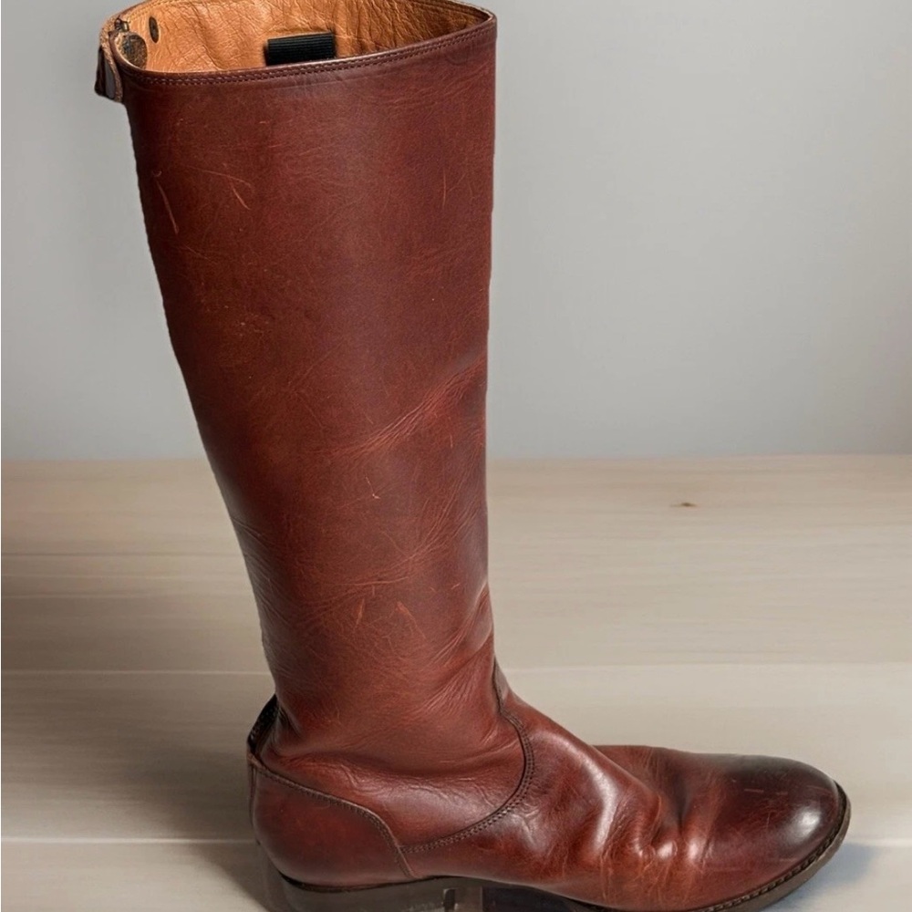 FRYE TALL COGNAC LEATHER MELISSA RIDING BOOTS with BACK ZIPPER & SNAP TABS - Picture 6 of 13